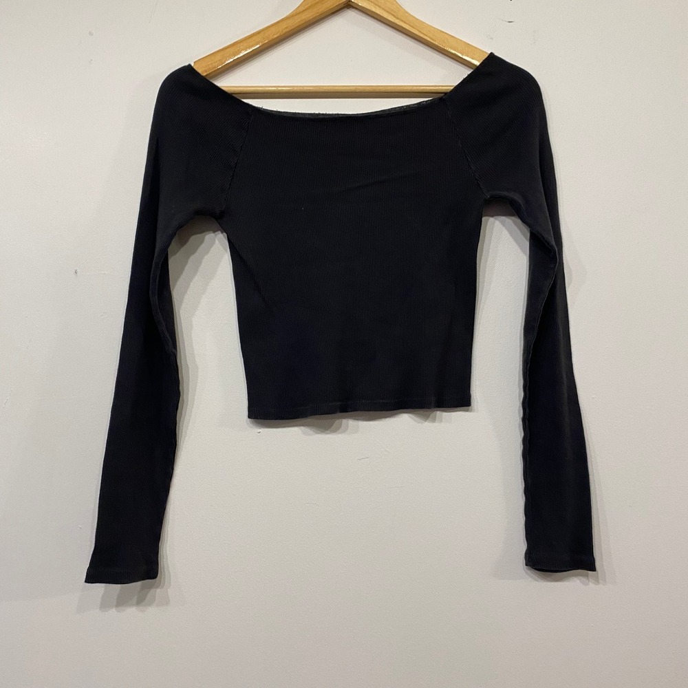 John Galt Black Ribbed Long Sleeve Boat Neck Crop Top Cotton Grunge One Size